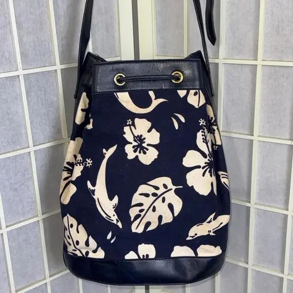 VTG ESCADA Nautical Dolphin Floral Blue Leather Drawstring Bucket Bag Crossbody - Picture 4 of 15